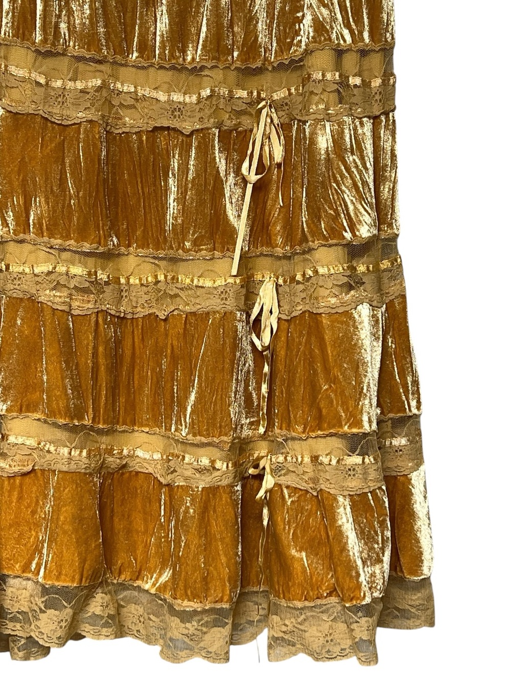 Passport vintage mustard velvet and lace tiered bow midi skirt boho feminine - Picture 5 of 12